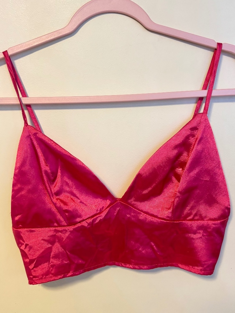 SHEIN Silky Satin Deep V Neck Bralette Crop Cami Tank Top Hot Pink Womens Size M